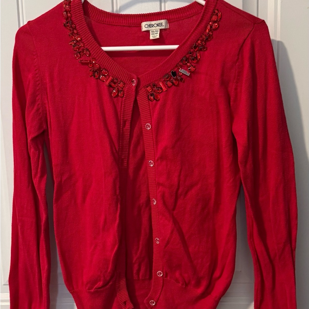 Cherokee Girl’s Vibrant Red Cardigan with Embellishments